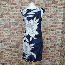 ROMAN Dress UK 16 Blue Floral Jersey Stretch Ruched Waist Knee Length