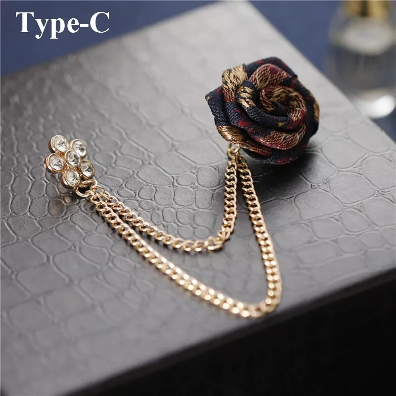 Men Suit Collar Brooch Pin Clip Rose Fringe Chain Tuxedo Formal Dress Accessory