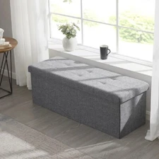 Linen Storage Bench Gray Upholstered Tufted Ottoman Furniture Foot Rest Seat