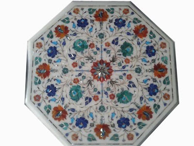 18'' White Marble End Table Top Inlay Semi Precious Stones Art Work Home Decor