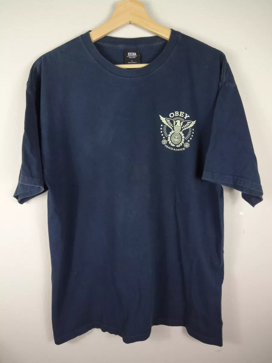 OBEY T Shirt Adult Size Large Blue Short Sleeve USA Peace Justice