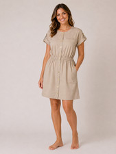 Halston Womens Shirt Dress Beige Button Front Short Sleeve Size Large New
