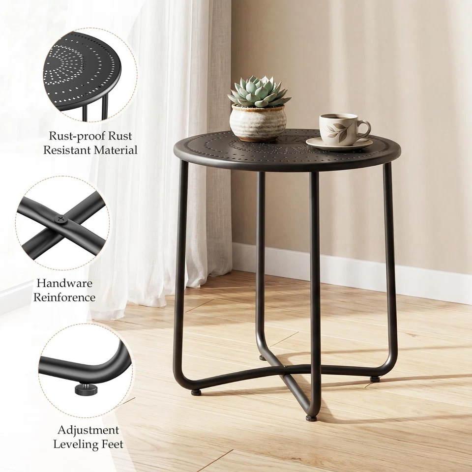 Round Black Outdoor Side Table - Small Weather Resistant Metal Patio End Table f - Image 4 of 4