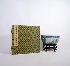 A 'Doucai' 'Mandarin Duck and Lotus Pod' Bowl with a Wooden Stand and a Box