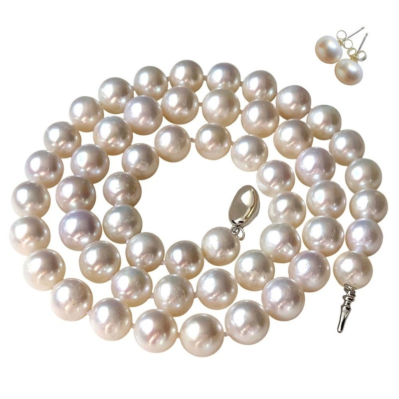 16 Inch Choker Set ROUND 9-10mm White Pearl Necklace Earrings Set Cultured