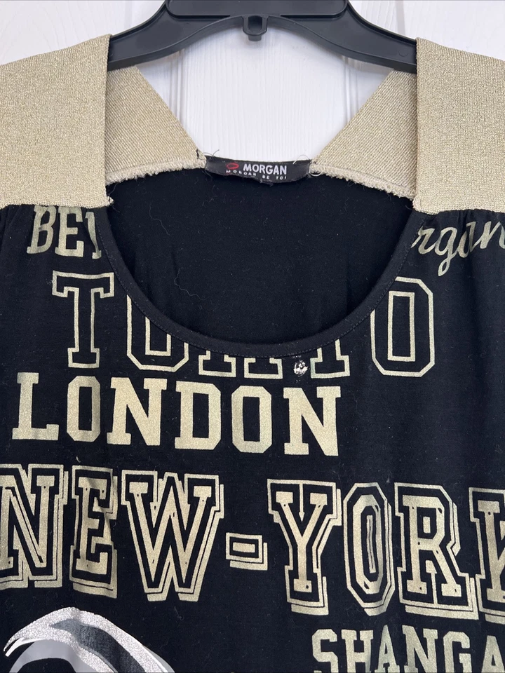 Vintage Morgan De Toi Black/gold 3/4 Sleeves Cold Shoulder Cut Out Top Small/med Foto 2 de 4