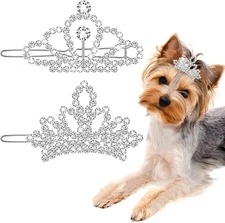 MTLEE 2 Pieces Dog Tiara Crown Hair Clips Clear Crystal Rhinestone Silver 