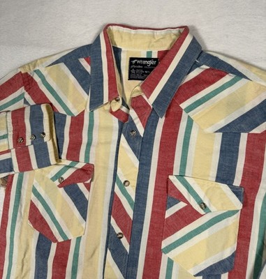 Vintage Wrangler Pro Rodeo Western Shirt Mens 16.5x34 Stripe Pearl Snap Aztec