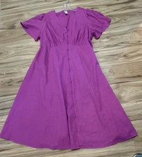 Anko Size 18 Purple Linen Blend V-neck Flutter Sleeve Button Down Dress Cottage
