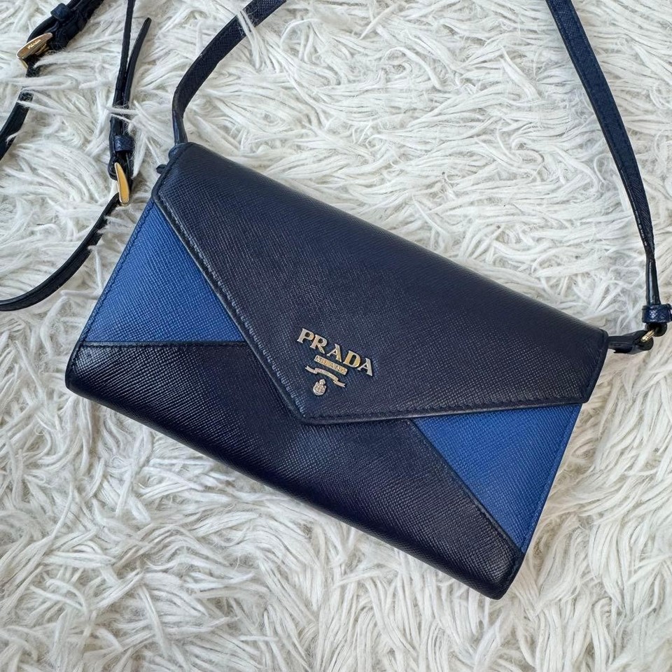 PRADA Navy Leather Shoulder Wallet Authentic Small Crossbody Bag