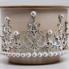 Pearl Rhinestone Tiara Crown Bridal Wedding Pageant Princess Costume Silver
