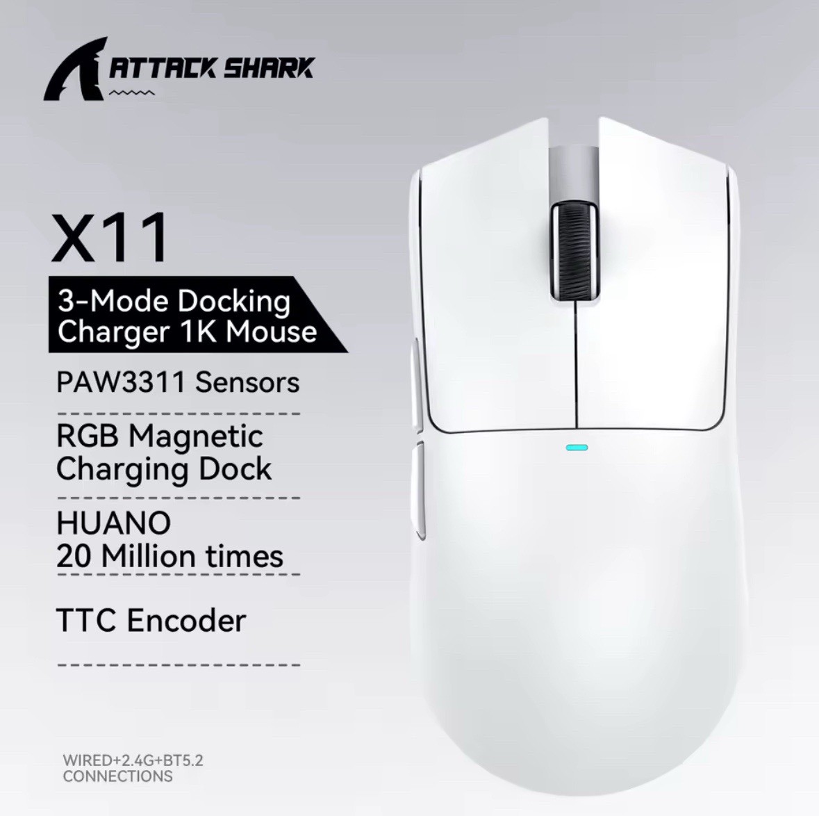 Attack Shark X11 Wireless Mouse with 3-Mode Connectivity 2.4GHz Bluetooth
