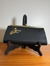 VTG Black Satin Evening Clutch gold Clasp Formal Bag