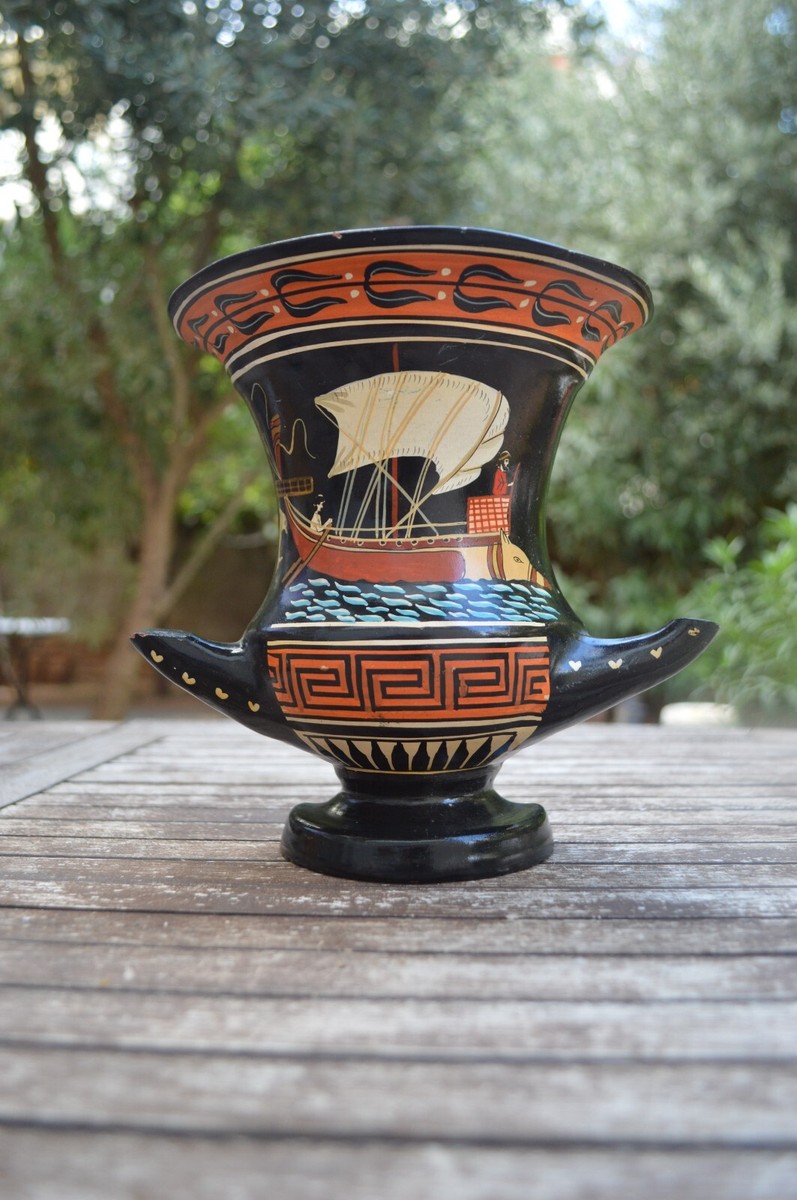 GREEK HANDMADE SEMI KRATER TABLE & WALL VASE TRIREME SHIP CERAMIC