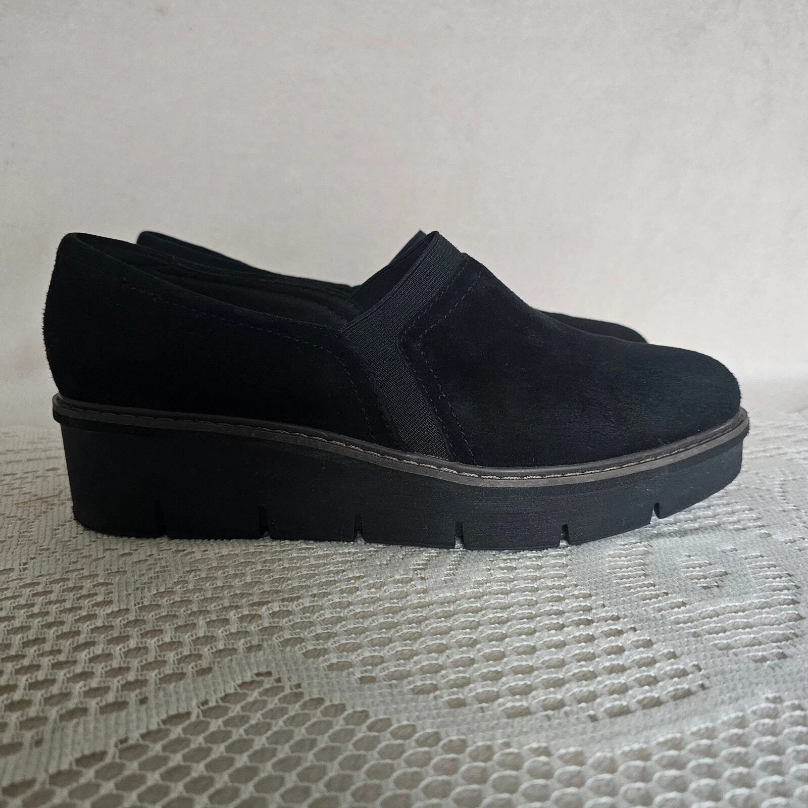Clarks Womens Airabell Mid Chunky Wedge Loafers Sz9 Black Suede