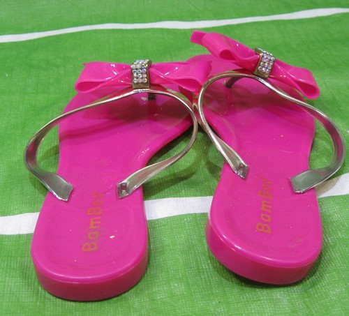 new Kid pink /gold flip flop bow Beach Cute jelly Sandal girl Size 1 - Picture 3 of 4