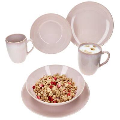 Ossia 6tlg Tearose rosa Frühstücksset Steingut Teller Kaffee-Becher Müsli-Schale
