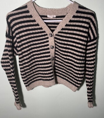 COPPER KEY Woman s Cropped Cardigan Sweater Black and Beige Striped - Size L