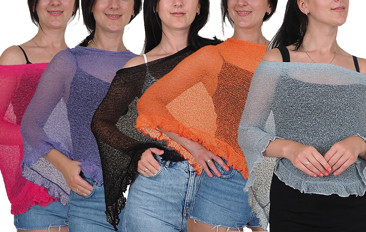 Ladies Poncho Plain Stretch Lace Fish Net Bali Crochet Batwing Frill