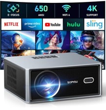  Electric Focus/Auto Keystone Projector with WiFi and Bluetooth, 650 ANSI