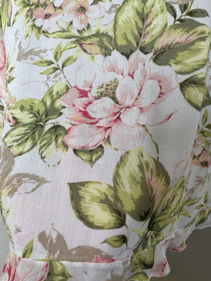 J Jill Size M Romantic Pink Green Floral Blouse Top Buttons Ruffles ...