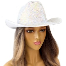 Iridescent White Rhinestone Cowboy Hat Cowgirl Costume Concert Bling Bling Hat R