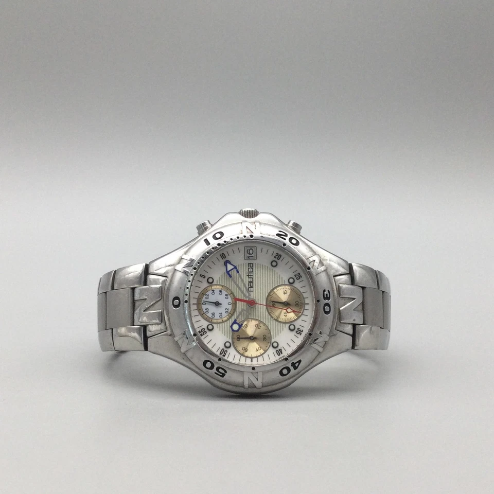 Reloj Nautica Cronógrafo Hombre 41mm Acero Inoxidable Fecha N00410 Batería Nueva 8" Foto 4 de 4
