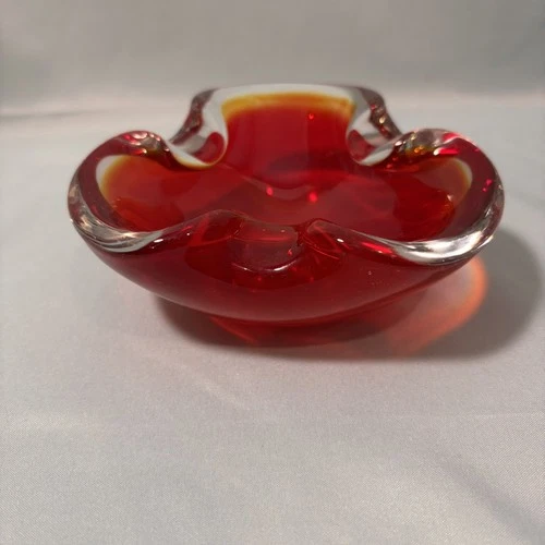 Murano Sommerso Art Glass Red Ashtray Bowl Mid Century, Vintage.