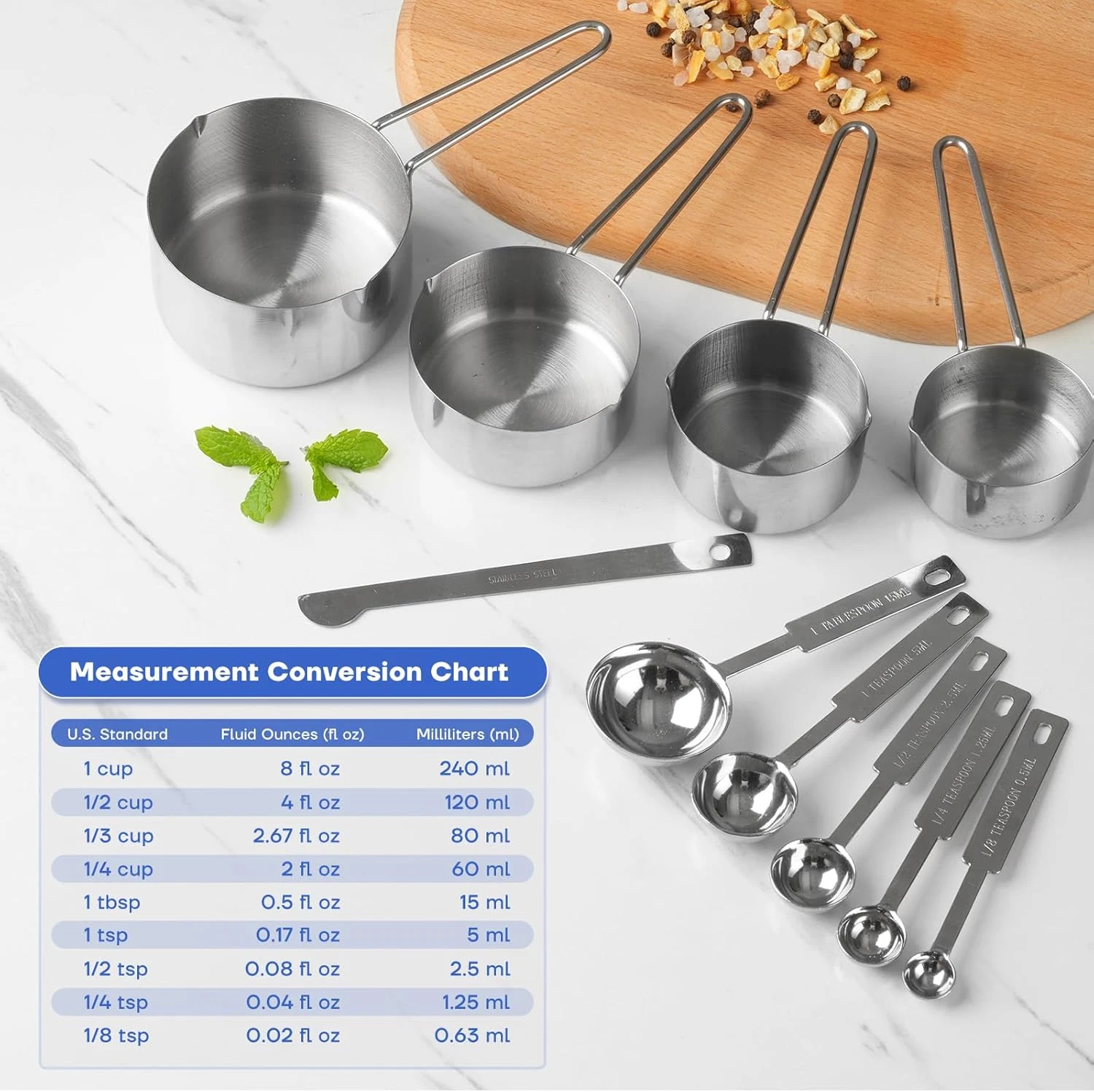 10PCS Stainless Steel Measuring Cups & Spoons Set Home Baking Tools