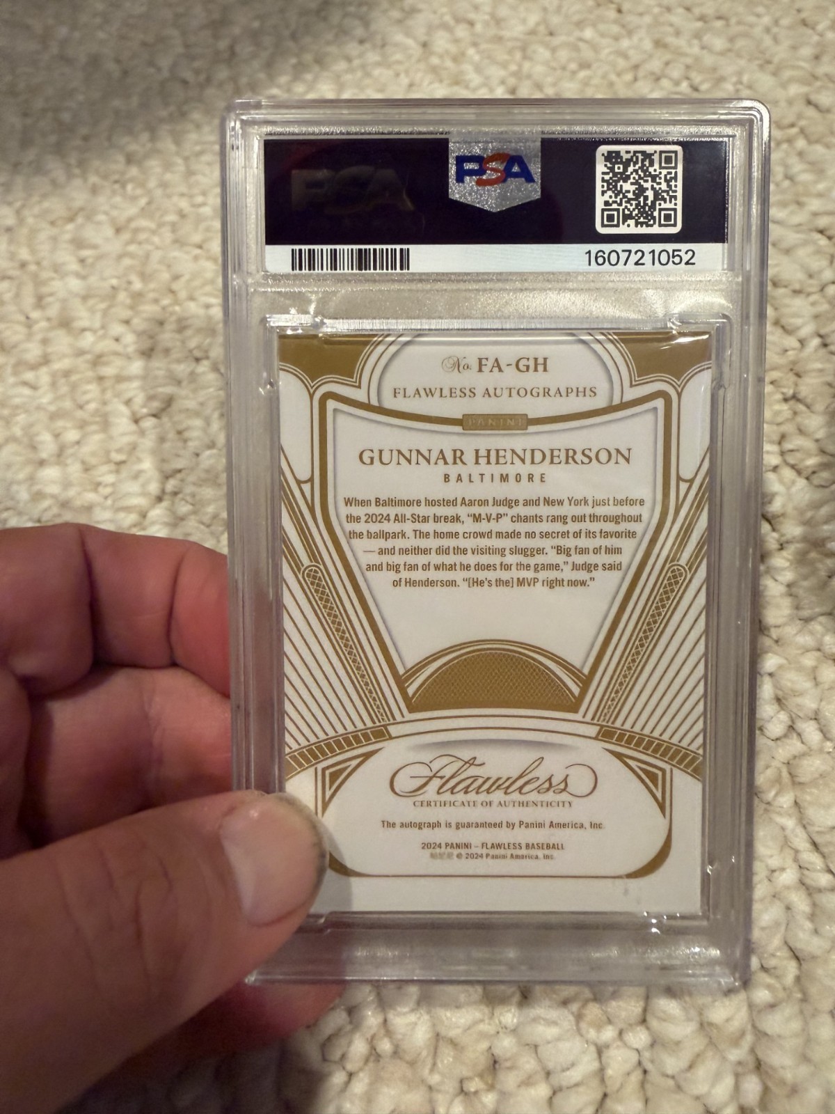 Gunnar Henderson PSA 8 Auto 10 On Card Auto /10 2024 Panini Flawless Gold 6/10 view 2
