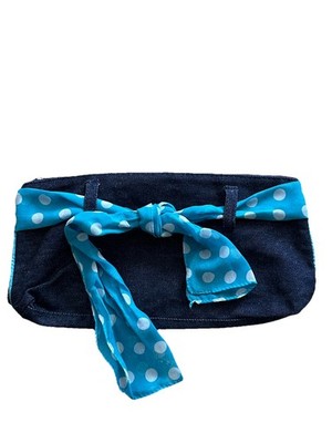 Mary Kay Blue Polka Dot Denim Makeup Bag with Zipper and Striped Lining