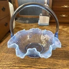 Fenton Blue Opalescent Cabbage Rose Ruffled Edge Bride'sBasket 7.5"x7.5 Beauty