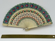 Vintage Hand Painted Plastic Folding Fan Birds  Flowers Lace Edge 7  Colorfull