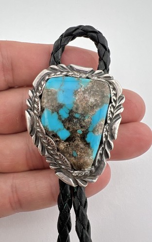 Vintage Navajo Sterling Silver Kingman Turquoise Stamped Bolo Tie 54.3g