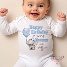 Little Elephant & Blue Balloon Personalised 1st Birthday Outfit ? 'Happy Birthda
