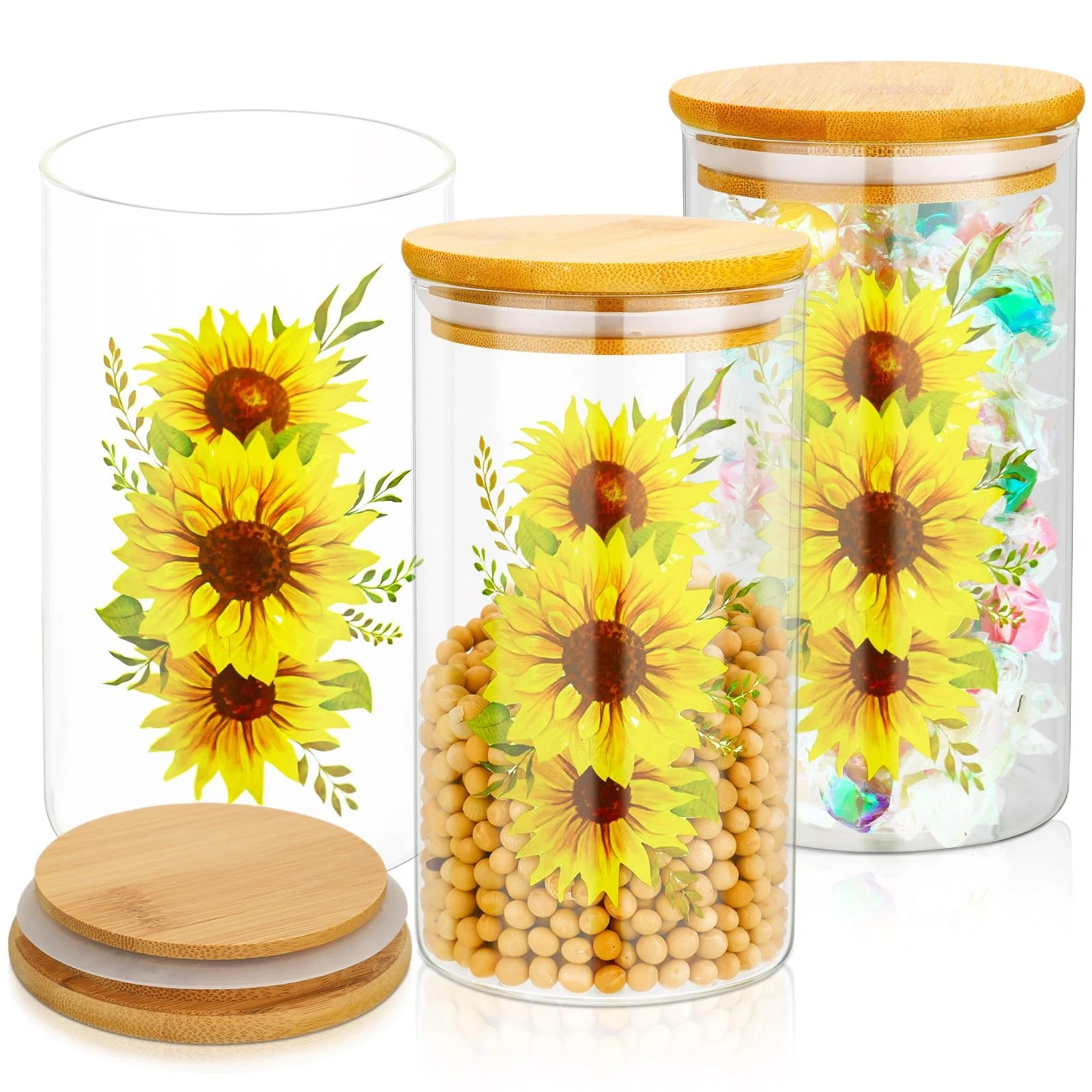 3 Pcs Sunflower Glass Canister Set Clear Lemon Kitchen Storage Jars with Airt...