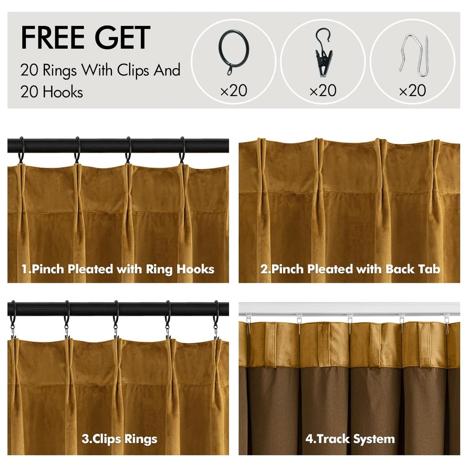 Gold Velvet Blackout Curtains 84 inches Long, Pinch Pleated Drapes with Hooks... - Image 3 of 4