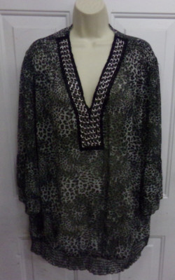 Evolution by JMS Gray Leopard Print Sheer Blouse Women's Size 3X ~ 22W/24W