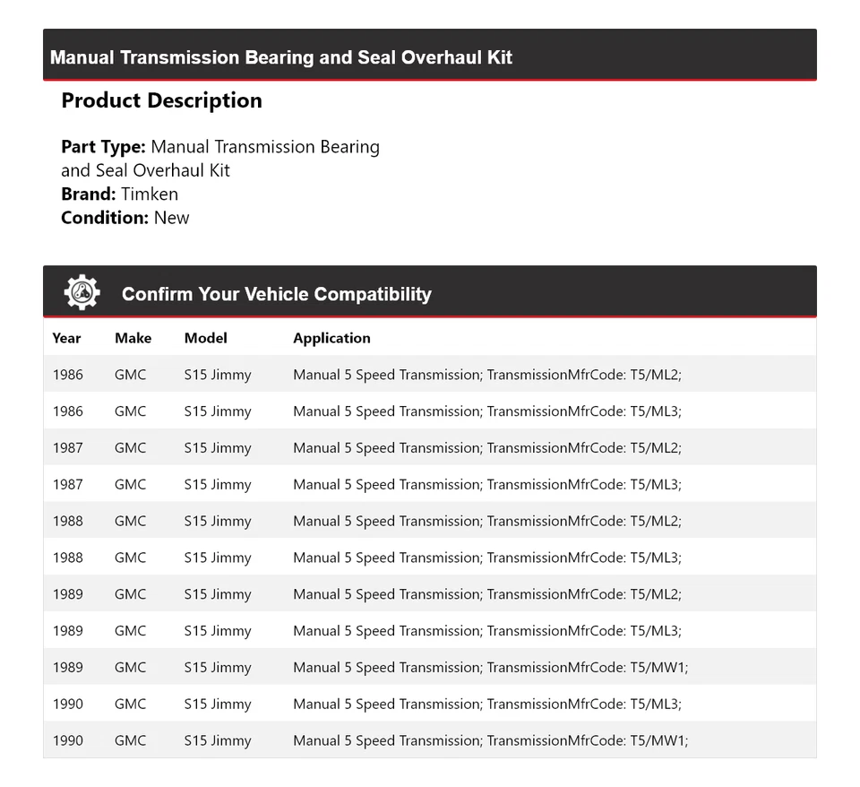 For 1986-1990 GMC S15 Jimmy Manual Trans Bearing and Seal Overhaul Kit Timken - Image 2 of 3