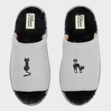 Women's Dluxe by Dearfoams Black Cat Slippers - Large US 9-10 Gray