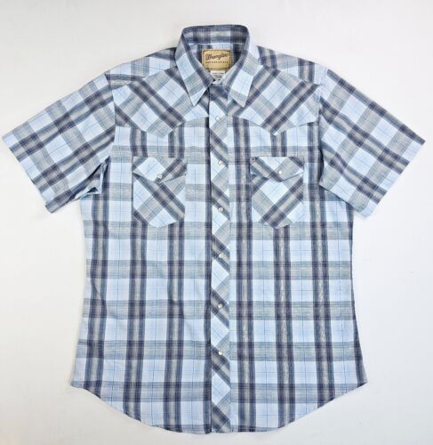 Wrangler Western Shirts Size Large Men's Pearl Snap Blue White Navy Check Shirt