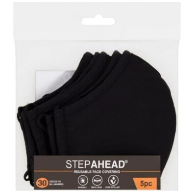 STEPAHEAD 5 pack Reusable & Washable Black Face Mask Coverings Men Women Unisex Masks +P&P