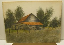 Americana Barn Landscape Watercolor Painting by CLAIRE A. REID Dated 1983!!