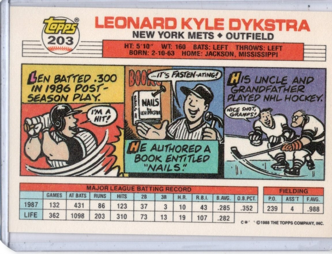1988 Topps Big Len Dykstra #203 New York Mets Baseball Card | eBay