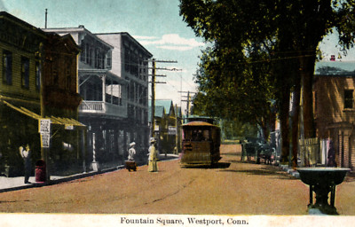 Westport CT Connecticut Fountain Square Trolley Postcard