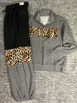 Victoria's Secret Pink Leopard QZ Pullover + Campus Pants Set