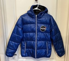 Chic Threads Blue Nasa Quilted Hooded Puffer Coat Full Zip (junior-large)