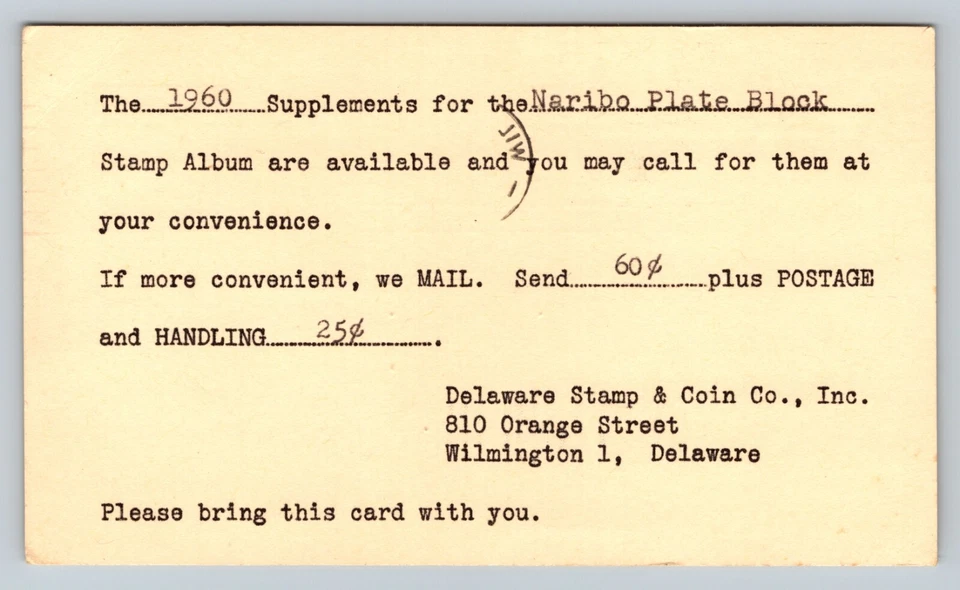 1958 Delaware Stamp & Coin Co. Slogan Cancellation VINTAGE Postal Card UX46 3c - Image 3 of 3