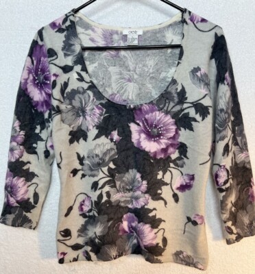 Vtg Cache Pullover Angora Wool Sweater 3/4 Sleeve Scoop Neck Floral Sequins Sz L