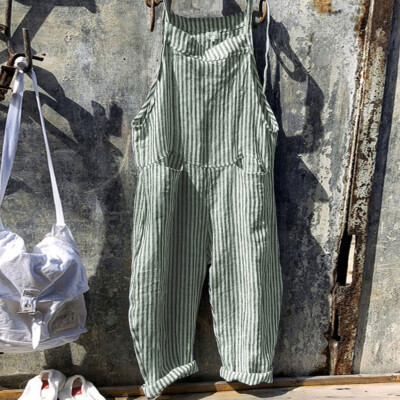 Women Striped Dungarees Jumpsuit Playsuit Casual Overalls Baggy Romper Pants Us
